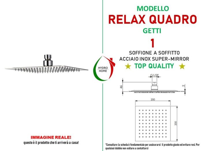 Soffione Doccia Relax Quadro 20 a soffitto inox monogetto - immagine 3