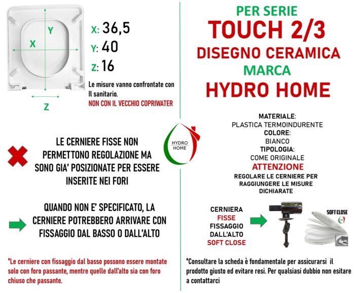 Copriwater Touch 2 e Touch 3 Disegno Ceramica termoindurente Soft Close bianco come originale - immagine 2