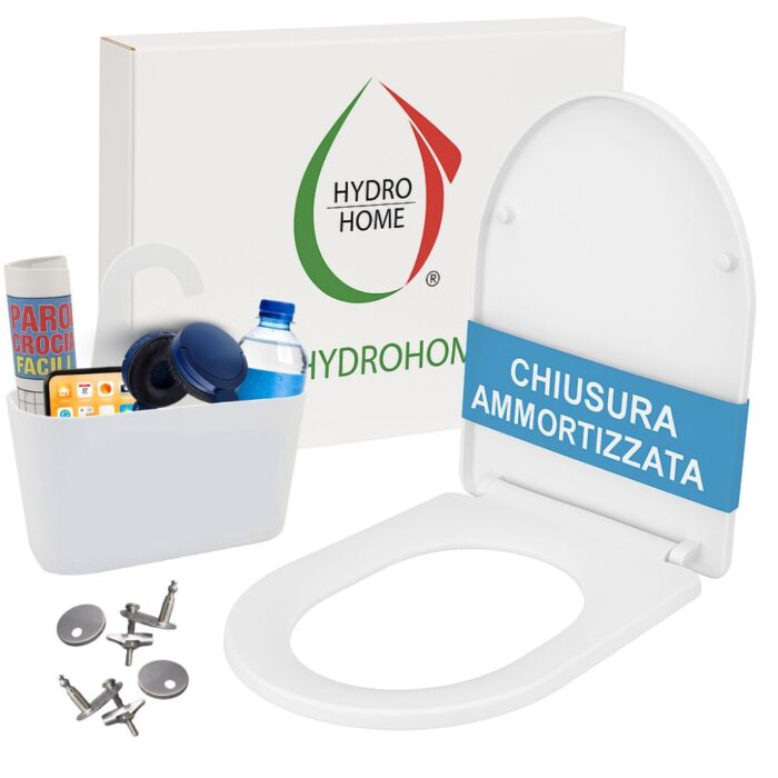 Kit Copriwater Forma a D Slim Soft Close e Sgancio Rapido termoindurente bianco + Cestino Portaoggetti Bianco - immagine 1